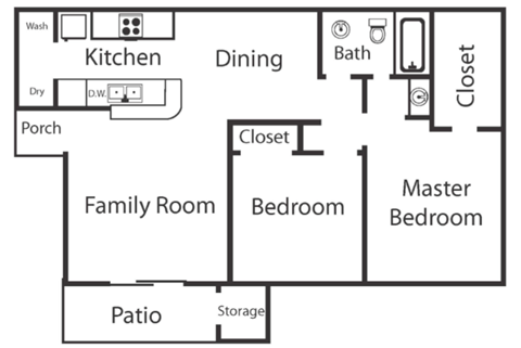 Floor plan for 2 beds, 1 bath, 809 sqft